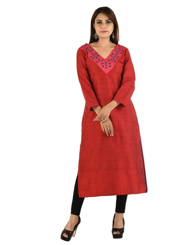 Maroon Front Panel Long Silk Kurta - 42