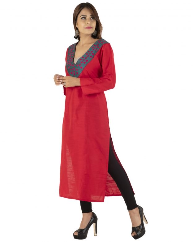 Orange Front Panel Long Silk Kurta