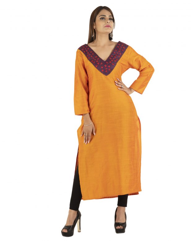 Yellow Front Panel Long Silk Kurta
