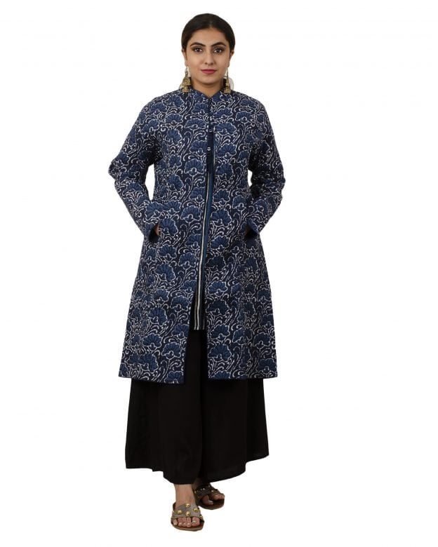 Handwoven Woolen Block Print Blue Knee Long Jacket - XL
