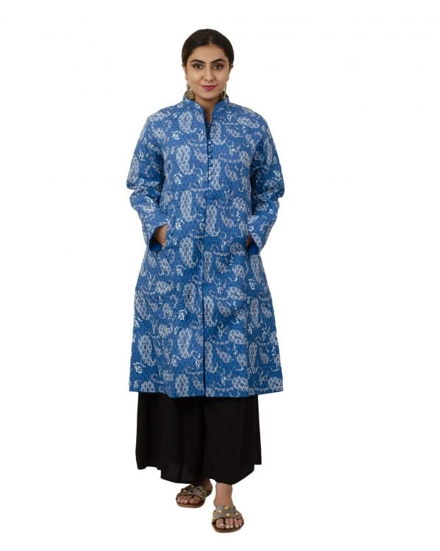 Handwoven Woolen Block Print Blue Knee Long Jacket