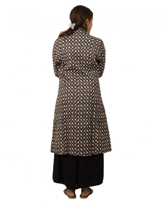 Handwoven Woolen Block Print Brown Knee Long Jacket - L