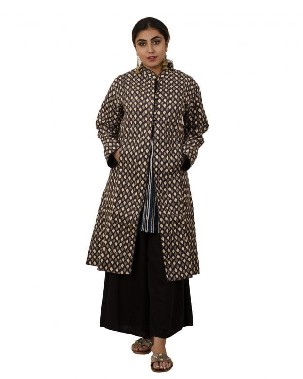 Handwoven Woolen Block Print Brown Knee Long Jacket