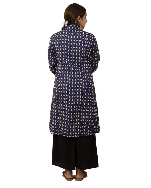 Handwoven Woolen Block Print Blue Knee Long Jacket - M