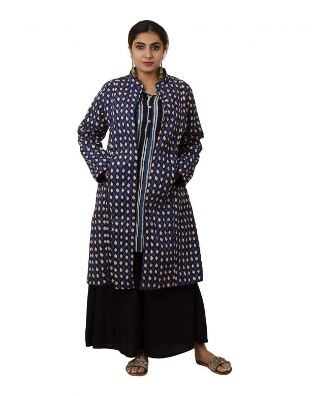 Handwoven Woolen Block Print Blue Knee Long Jacket