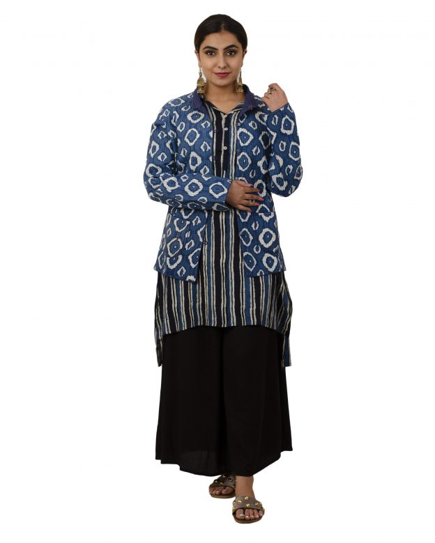 Handwoven Woolen Block Print Blue Mid Thigh Jacket