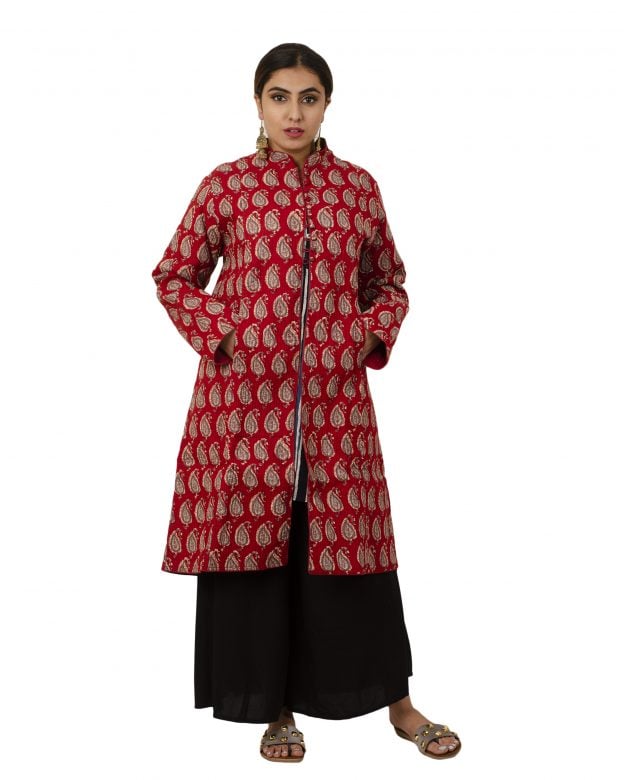 Handwoven Woolen Block Print Red Mid Thigh Jacket