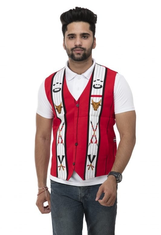 Cotton Lotha Red and White Waist Coat