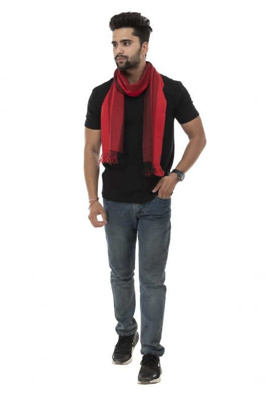 Red & Black Stripe Check Sheep Wool Muffler