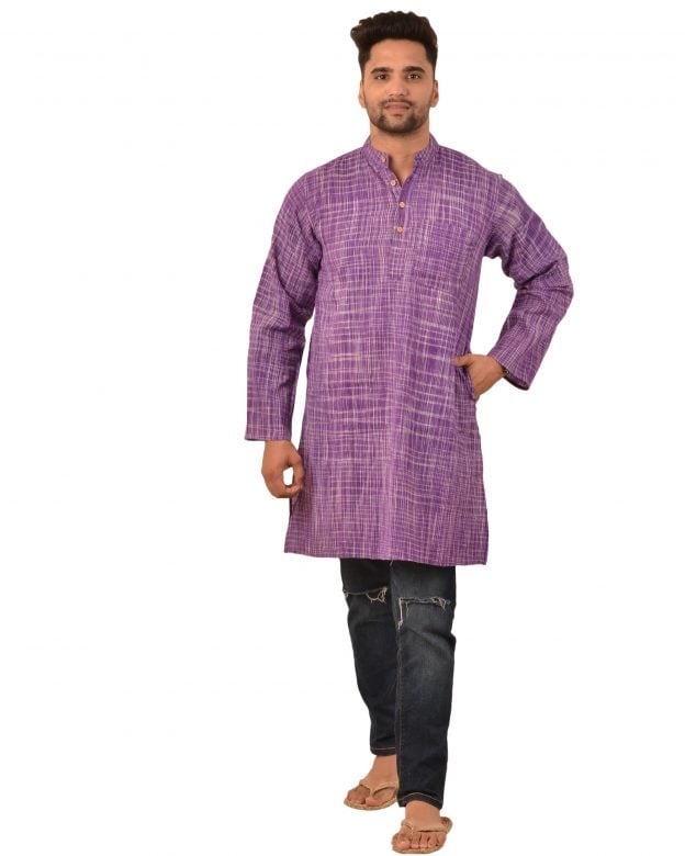 Handcrafted Cotton Knee Long Casual Purple Kurta