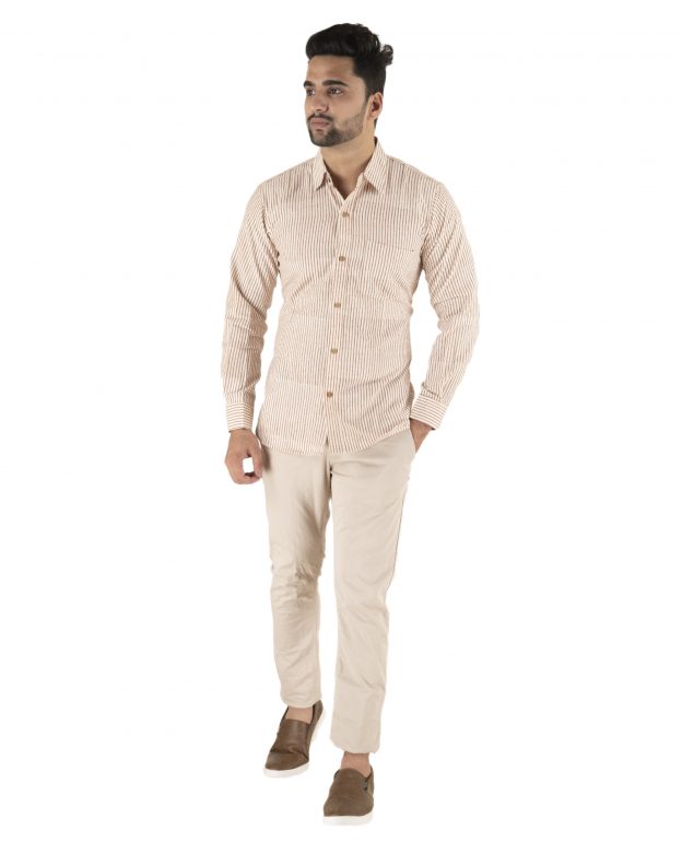 Tribes India Cotton Beige Striped Full Sleeve Shirt