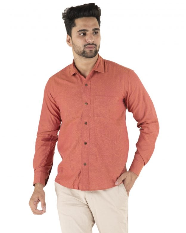 Cotton Orange Regular Fit Long Sleeve Shirt - S