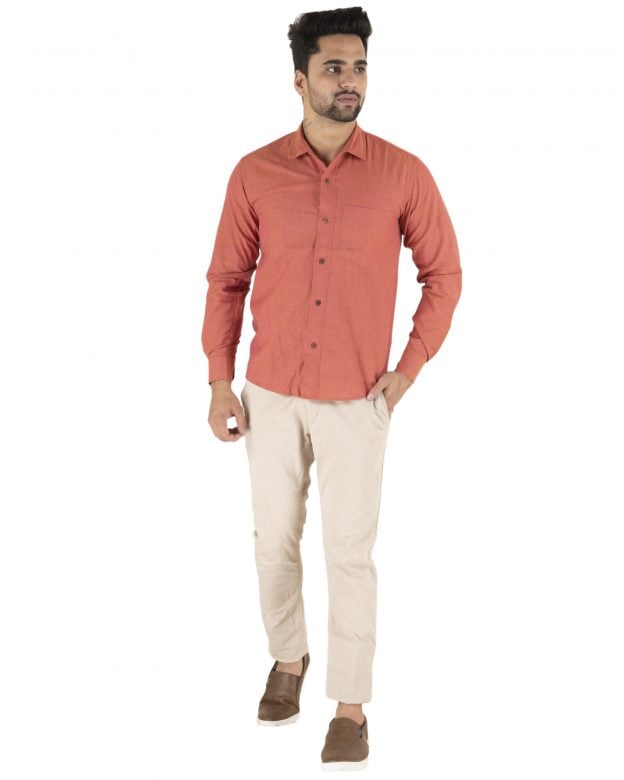 Cotton Orange Regular Fit Long Sleeve Shirt