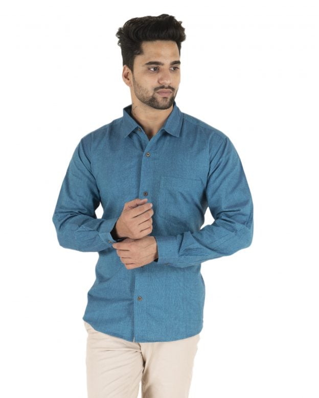 Cotton Blue Regular Fit Long Sleeve Shirt - S
