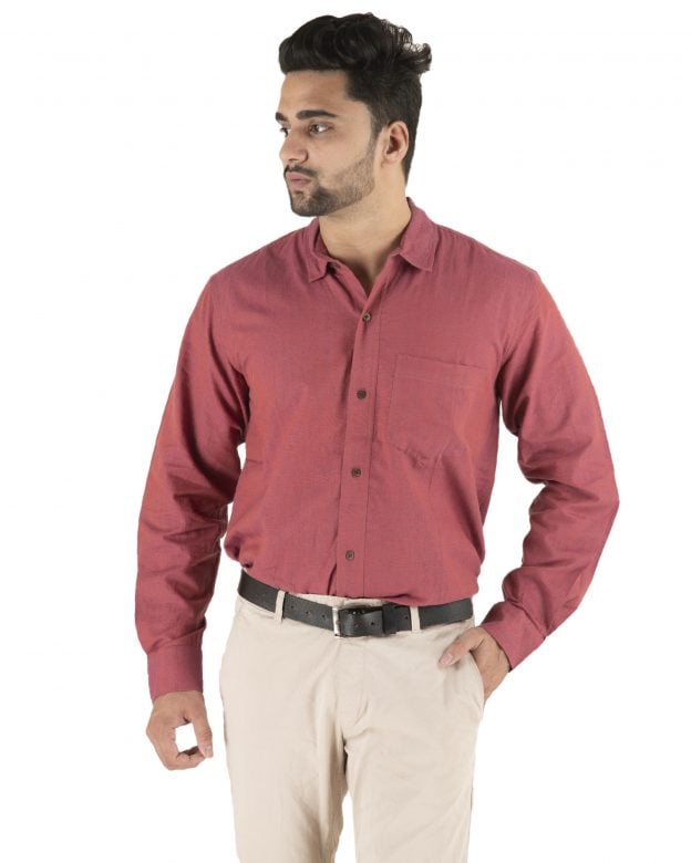 Cotton Maroon Regular Fit Long Sleeve Shirt - S