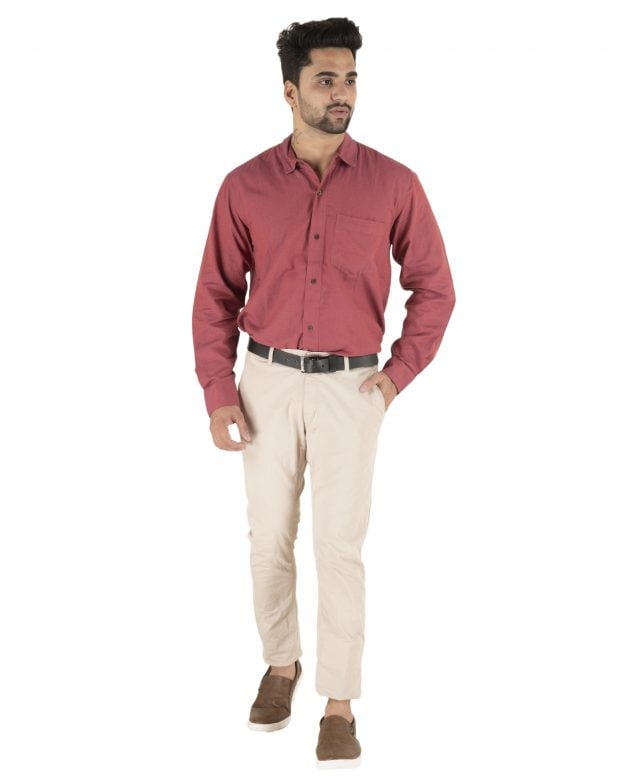 Cotton Maroon Regular Fit Long Sleeve Shirt
