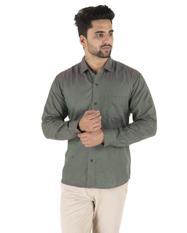 Cotton Grey Regular Fit Long Sleeve Shirt - S