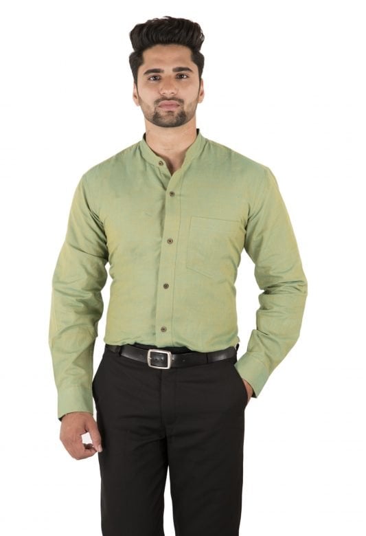 Handwoven Nehru Collar Full Sleeve Green Shirt - 44