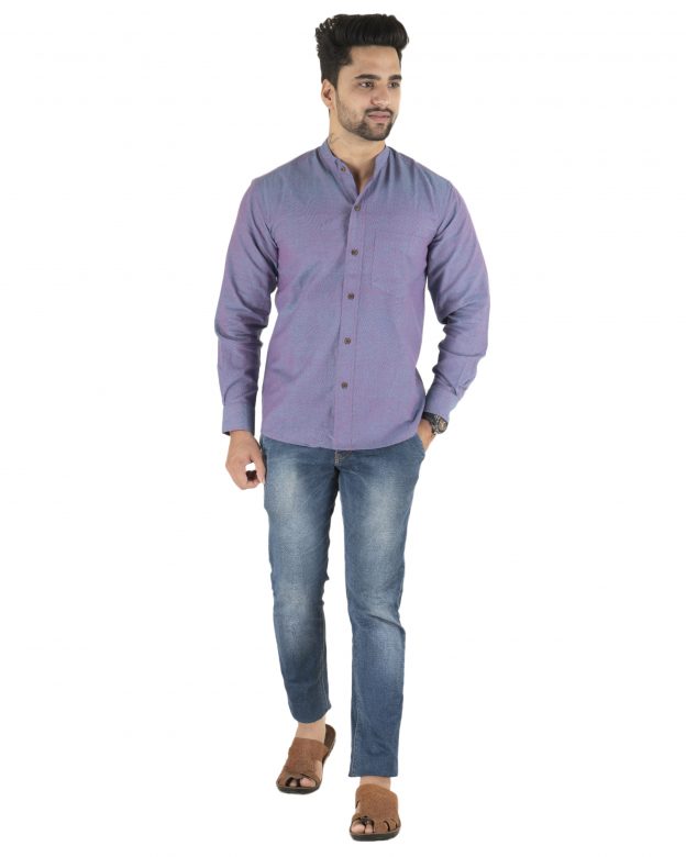Tribes India Cotton Purple Nehru Collar Long Sleeve Shirt