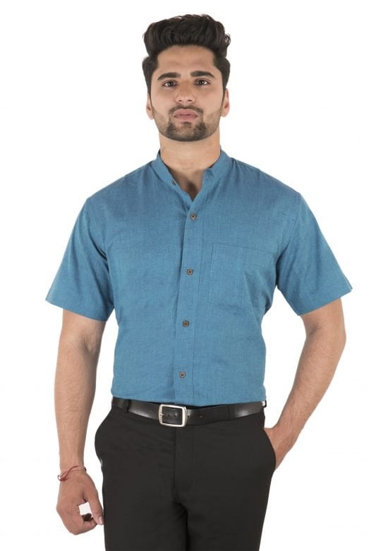 Handwoven Nehru Collar Blue Madrian Shirt
