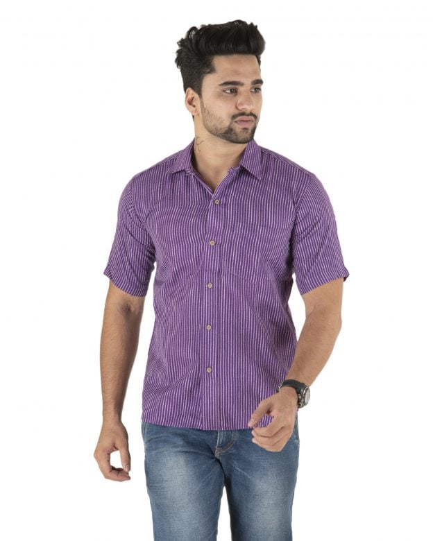 Cotton Purple Striped Half Sleeve Shirt - S