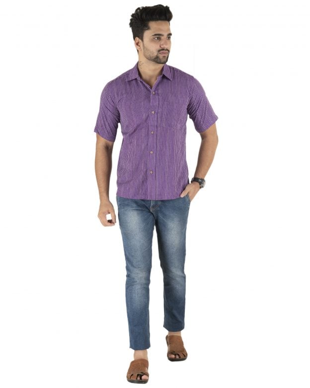 Cotton Purple Striped Half Sleeve Shirt
