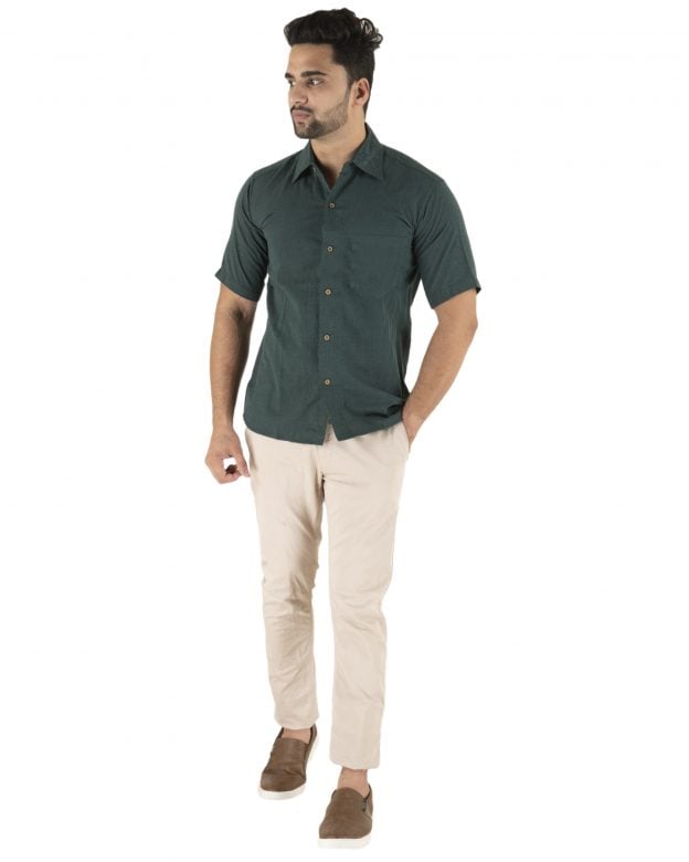 Tribes India Cotton Regular Fit Half Sleeve Shirt - Dark Green - S