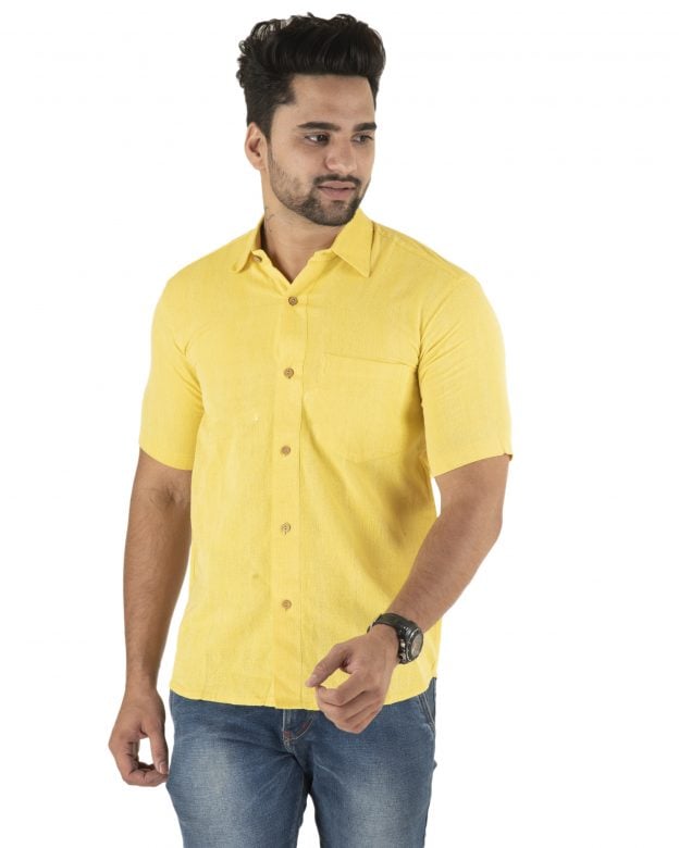 Cotton Yellow Regular Fit Half Sleeve Shirt - S