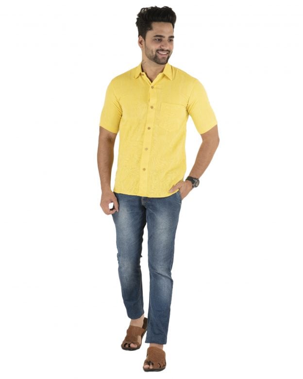 Cotton Yellow Regular Fit Half Sleeve Shirt