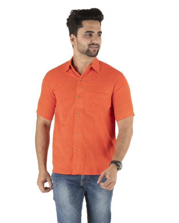 Cotton Orange Regular Fit Half Sleeve Shirt - S