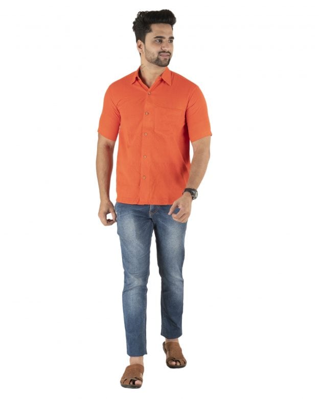 Cotton Orange Regular Fit Half Sleeve Shirt