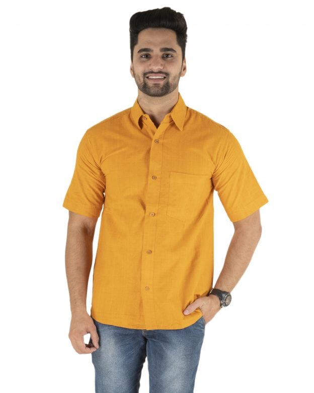 Cotton Yellow Regular Fit Half Sleeve Shirt - S