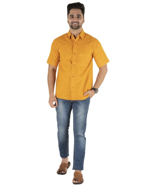 Cotton Yellow Regular Fit Half Sleeve Shirt