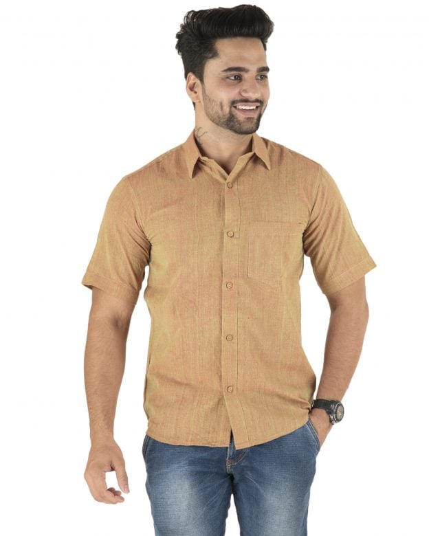 Cotton Brown Regular Fit Half Sleeve Shirt - S