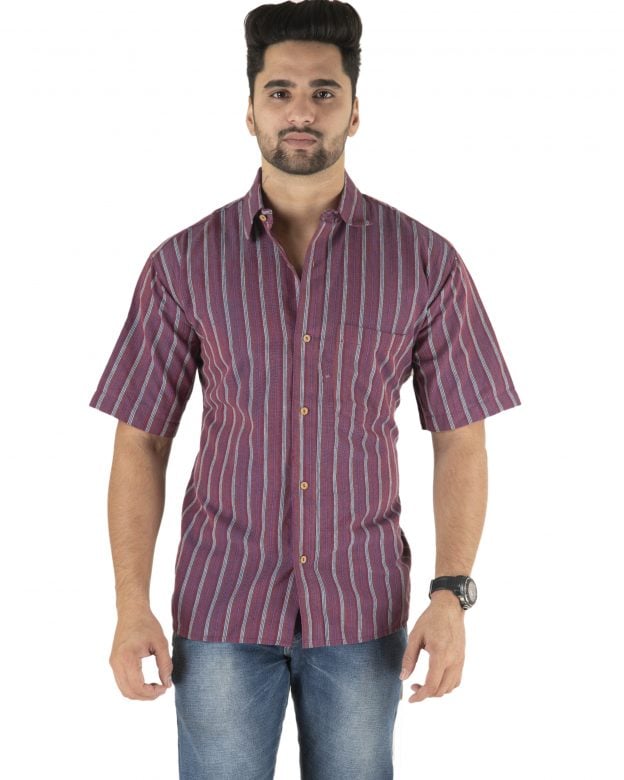 Cotton Purple Striped Half Sleeve Shirt - S