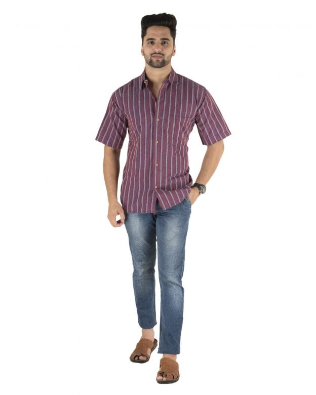 Cotton Purple Striped Half Sleeve Shirt