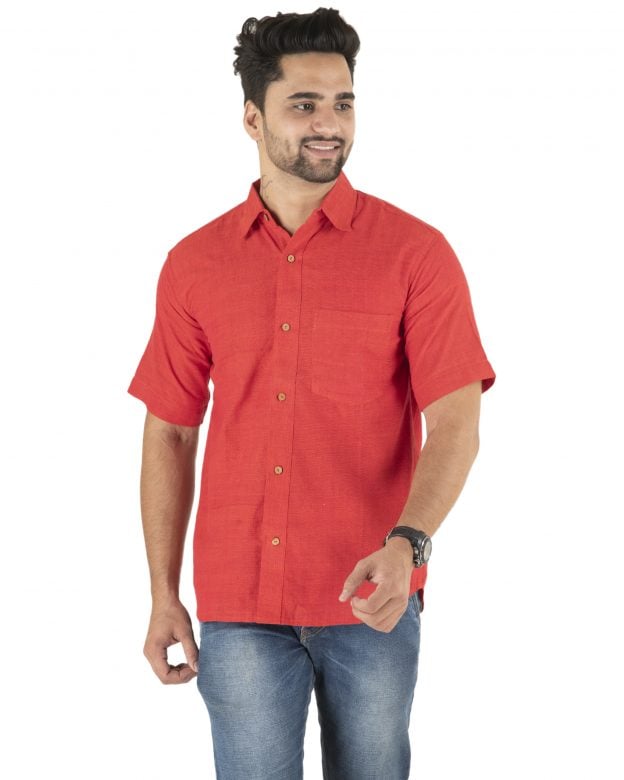 Cotton Red Regular Fit Half Sleeve Shirt - S