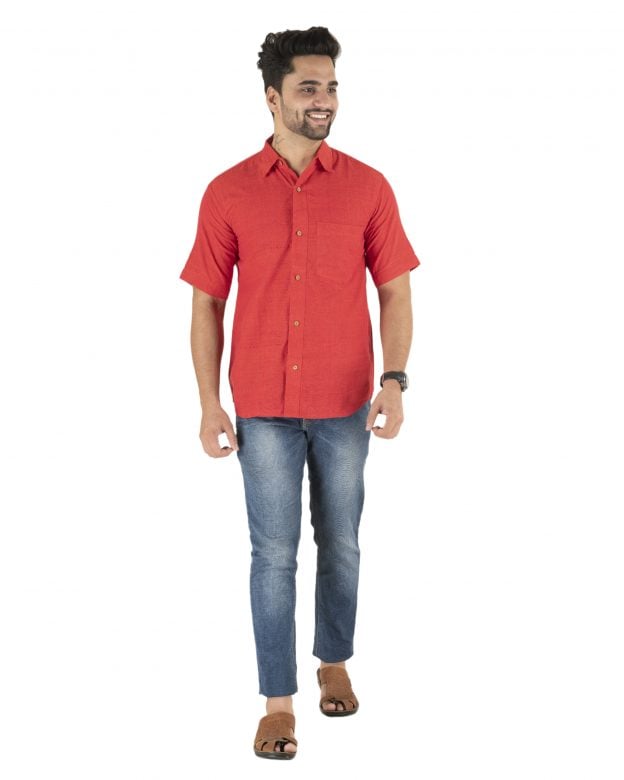 Cotton Red Regular Fit Half Sleeve Shirt