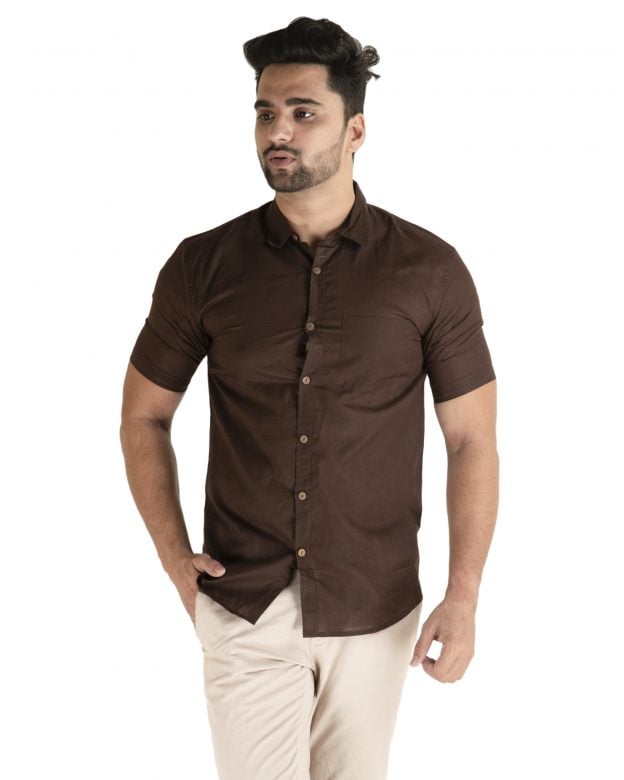 Cotton Brown Regular Fit Half Sleeve Shirt - S