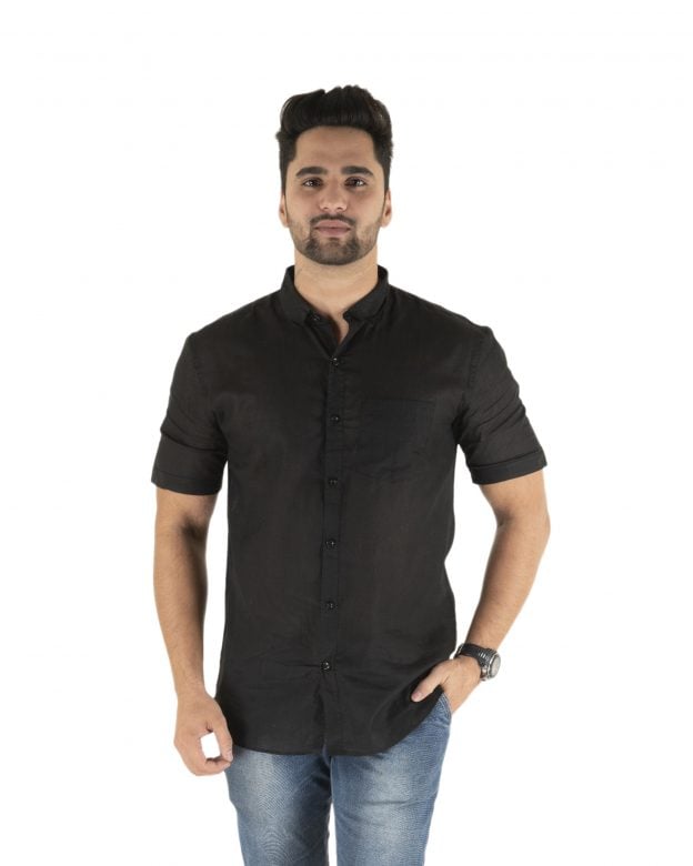 Cotton Black Regular Fit Half Sleeve Shirt - S