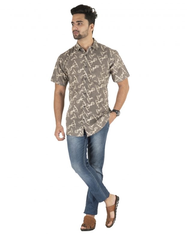 Cotton Grey Regular Fit Half Sleeve Shirt