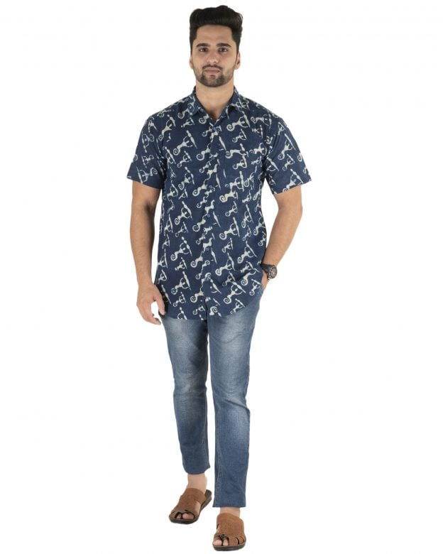 Cotton Blue Regular Fit Half Sleeve Shirt - S