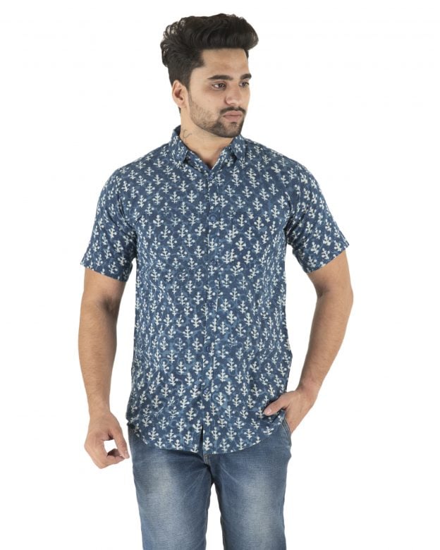 Cotton Blue Printed Half Sleeve Shirt - S
