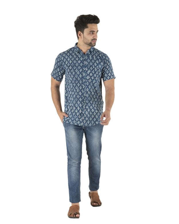 Cotton Blue Printed Half Sleeve Shirt