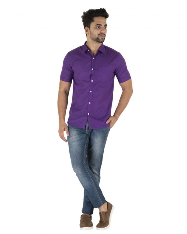Cotton Purple Regular Fit Half Sleeve Shirt