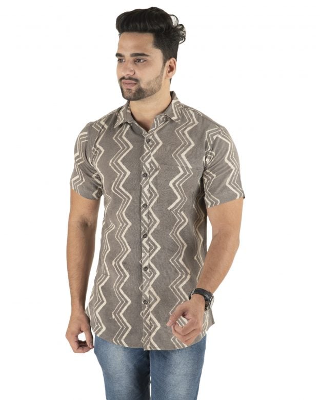 Cotton Grey Printed Half Sleeve Shirt - S