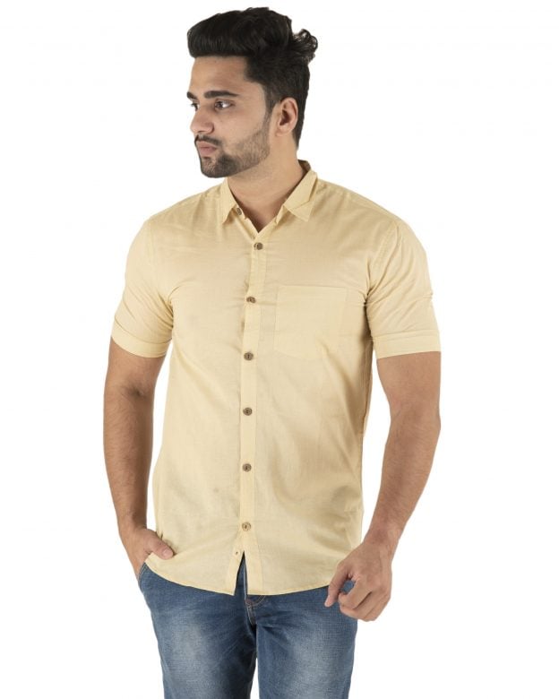 Cotton Beige Regular Fit Half Sleeve Shirt - S