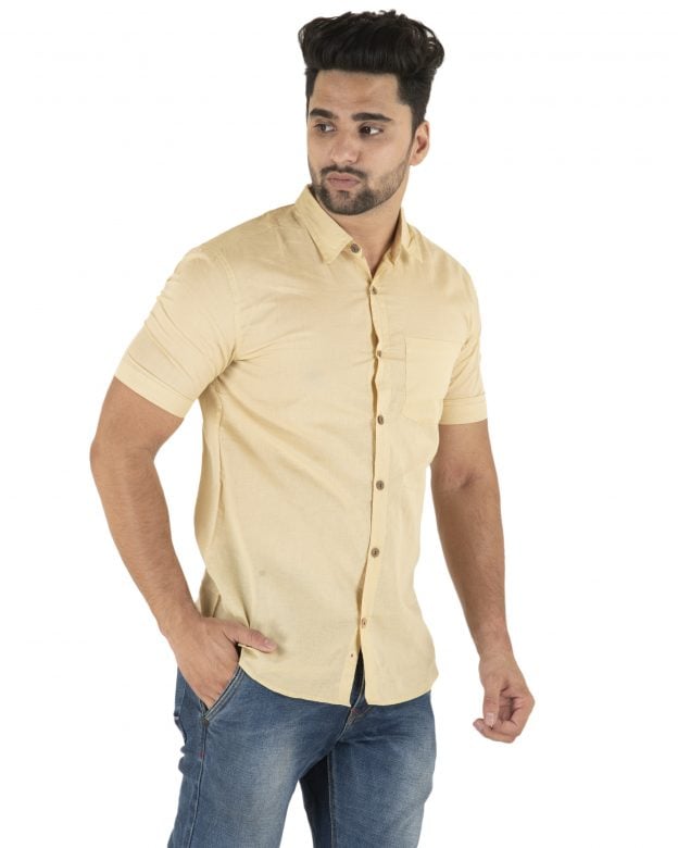 Cotton Beige Regular Fit Half Sleeve Shirt