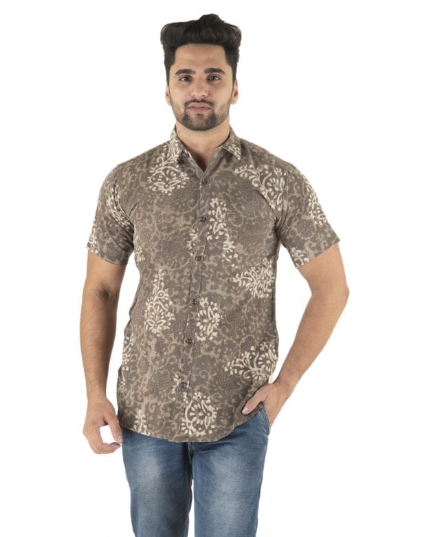 Cotton Grey Printed Half Sleeve Shirt - S