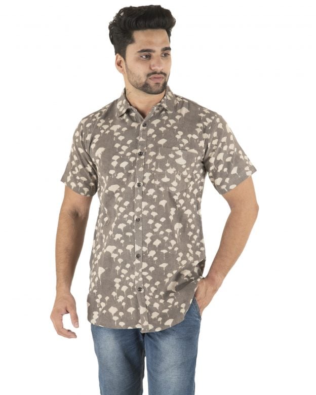 Cotton Grey Printed Half Sleeve Shirt - S